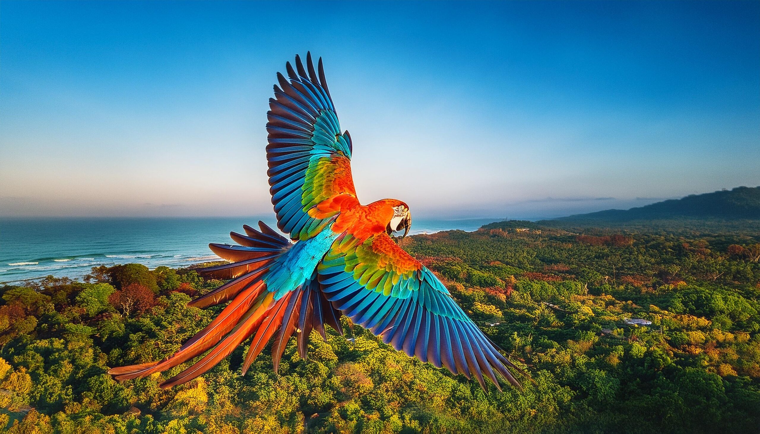 Ein bunter Papagei fliegt über einer Landschaft aus Bäumen und Meer.